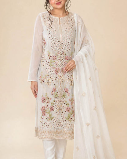 Pearl white embroidered chiffon wedding suit front view