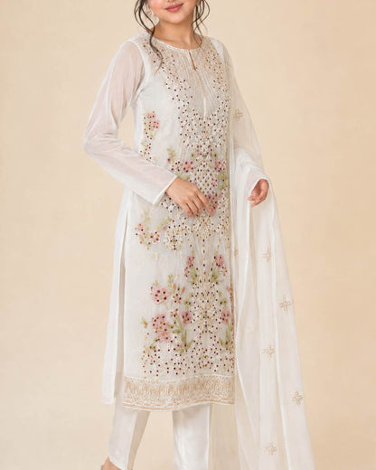 Pearl white embroidered chiffon wedding suit three quarter view
