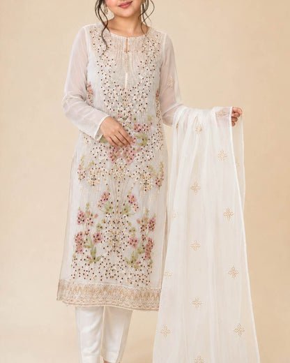 Pearl white embroidered chiffon wedding suit standing view