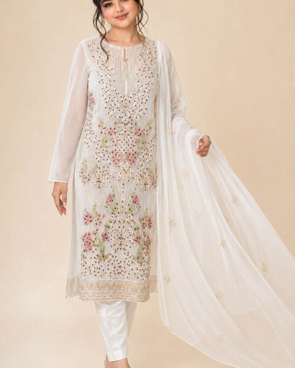 Pearl white embroidered chiffon wedding suit walking view