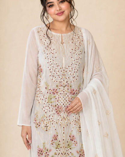 Pearl white embroidered chiffon wedding suit upper detail