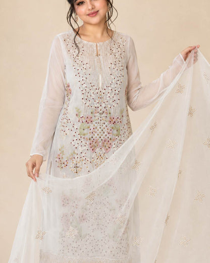 Pearl white embroidered chiffon dupatta detail