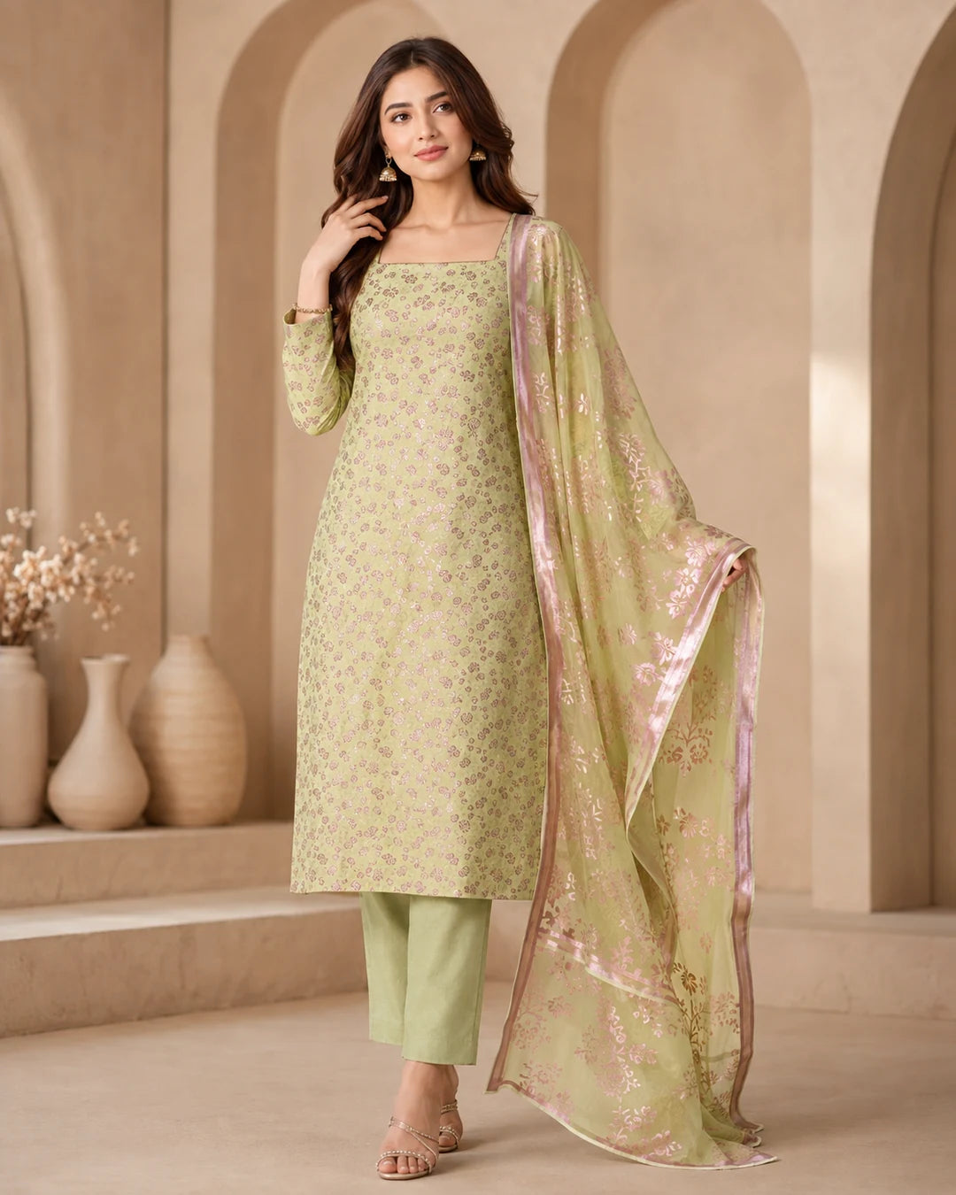 Pistachio Green Pure China Pati Silk 3 Piece Unstitched Suit full model