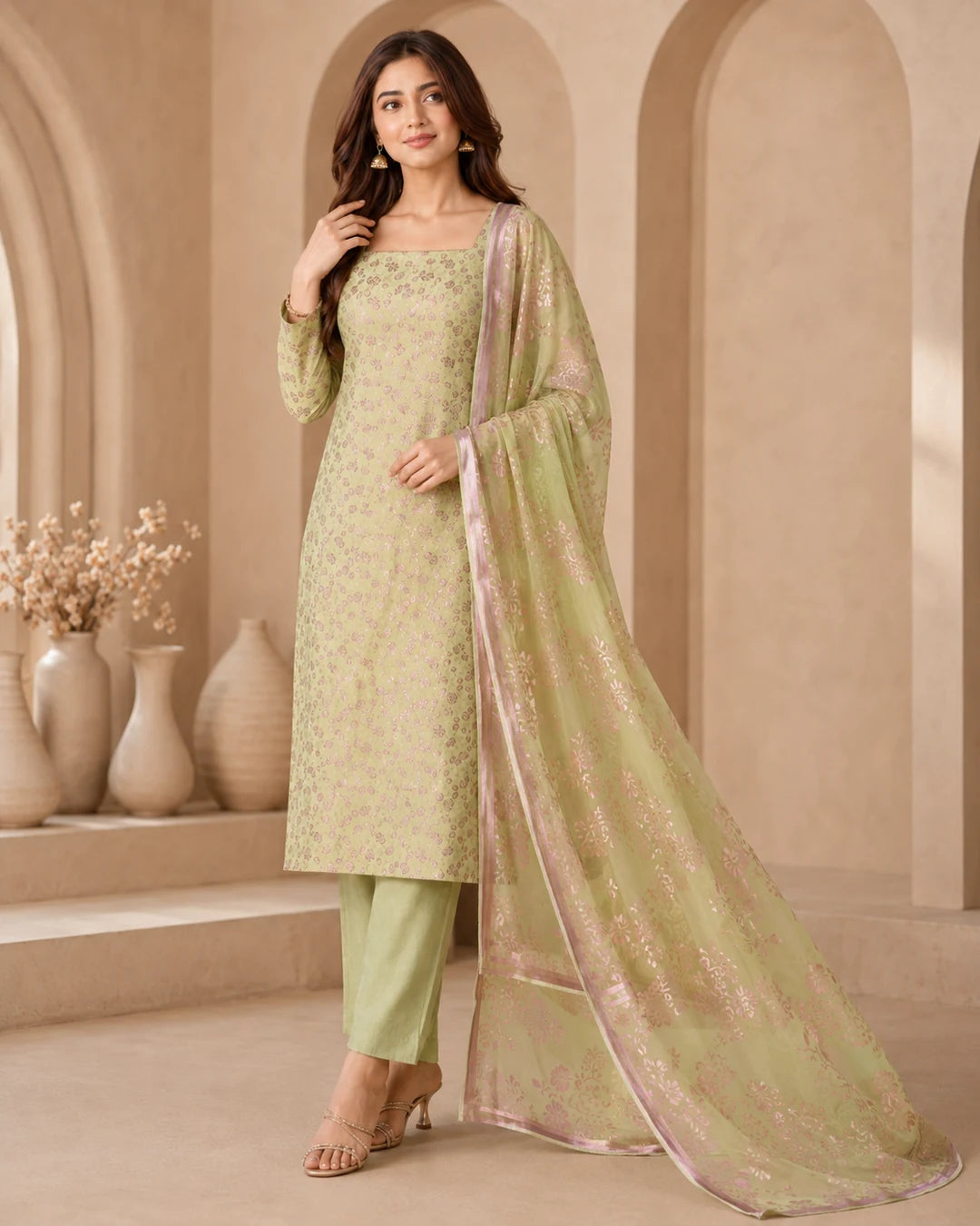 Pistachio Green Pure China Pati Silk suit alternate full model