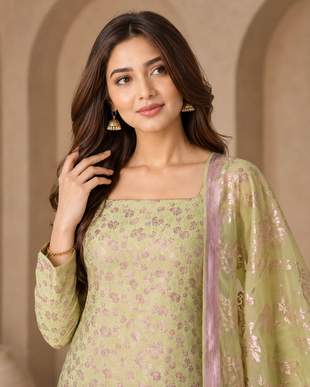 Pistachio Green Pure China Pati Silk suit close-up