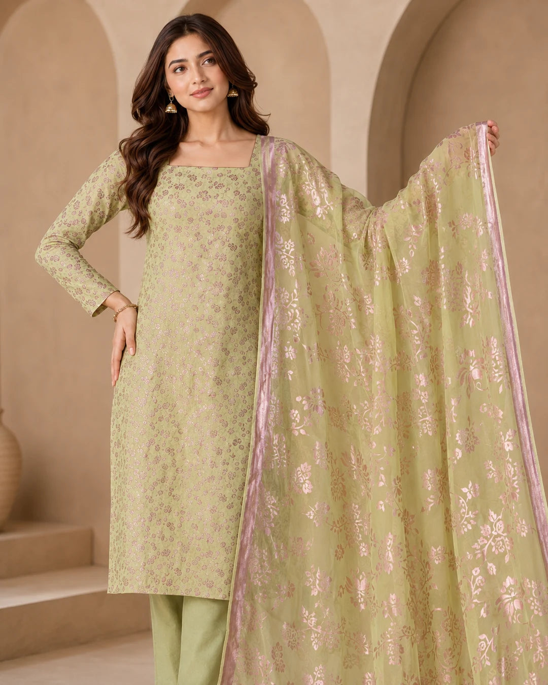 Pistachio Green Pure China Pati Silk dupatta detail