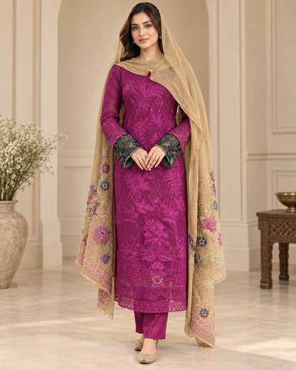 Plum Embroidered Chiffon Suit - Front Hero