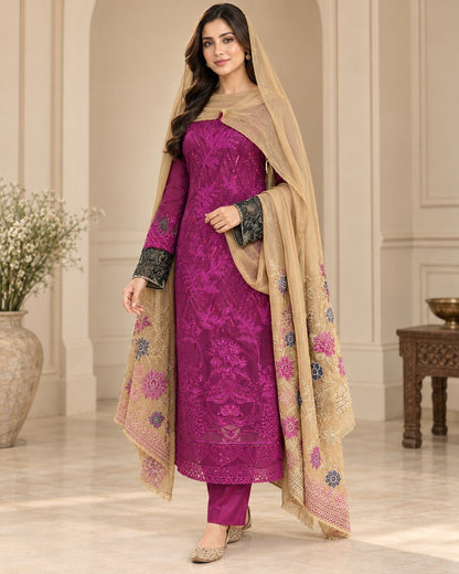 Plum Embroidered Chiffon Suit - Three Quarter