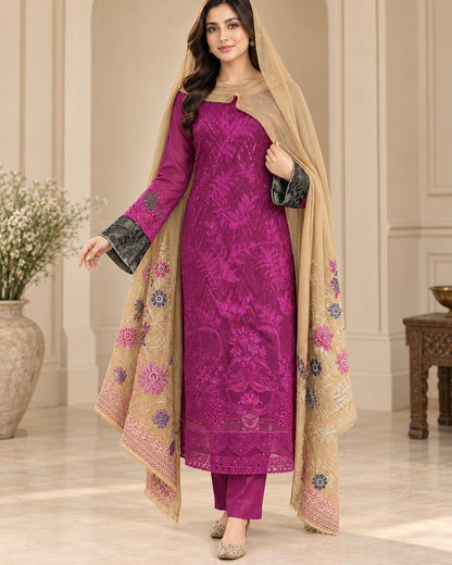 Plum Embroidered Chiffon Suit - Standing View