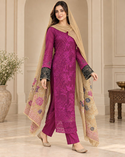 Plum Embroidered Chiffon Suit - Walking View