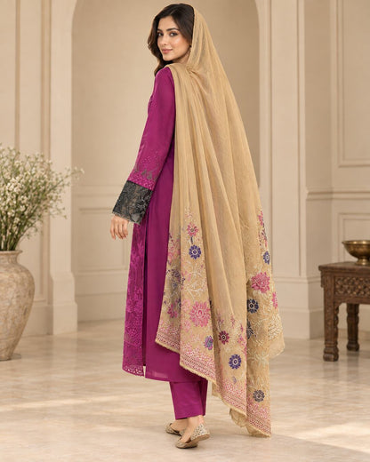 Plum Embroidered Chiffon Suit - Rear Three Quarter