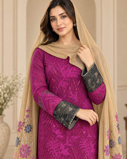 Plum Embroidered Chiffon Suit - Embroidery and Sleeve Detail