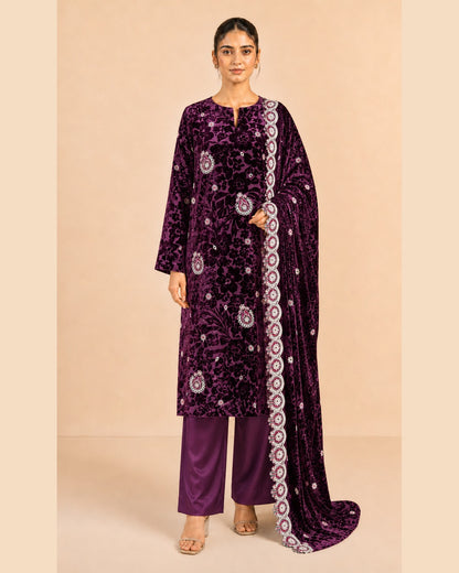 Plum Purple Embroidered Palachi Suit - front