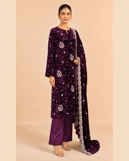 Plum Purple Embroidered Palachi Suit - three quarter