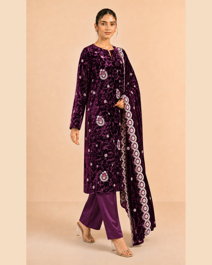 Plum Purple Embroidered Palachi Suit - walking