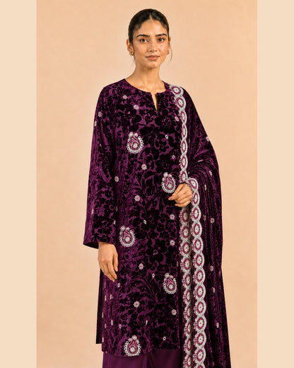 Plum Purple Embroidered Palachi Suit - detail