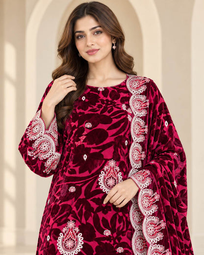 Raspberry Wine Embroidered Palachi suit embroidery close-up
