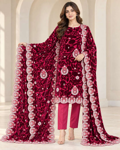 Raspberry Wine Embroidered Palachi suit dupatta display