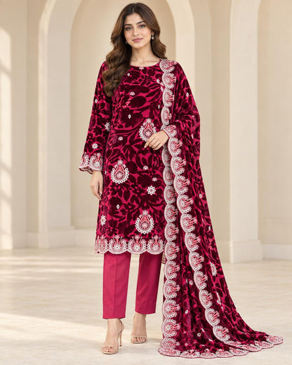 Raspberry Wine Embroidered Palachi suit front view