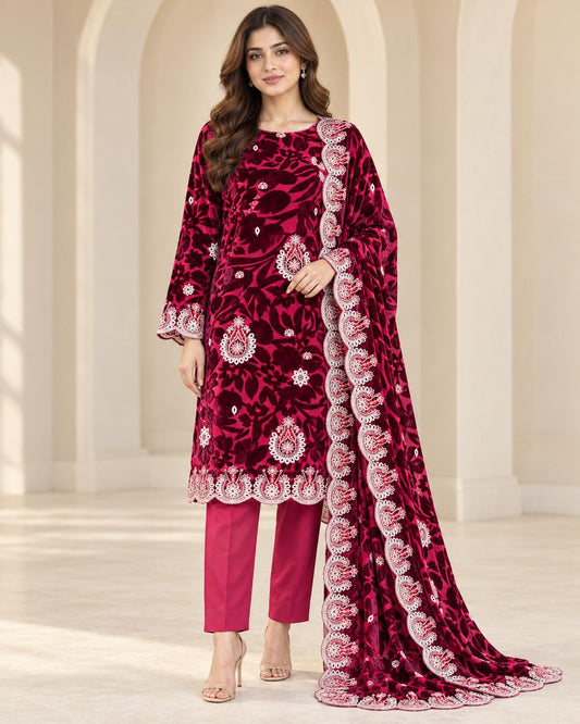 Raspberry Wine Embroidered Palachi suit front view