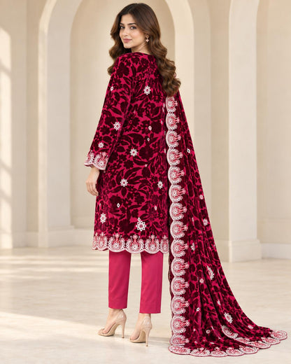 Raspberry Wine Embroidered Palachi suit rear three-quarter view