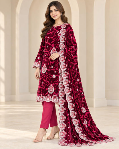 Raspberry Wine Embroidered Palachi suit three-quarter view