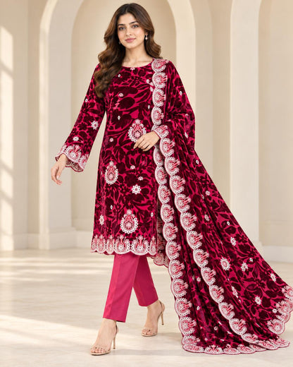Raspberry Wine Embroidered Palachi suit walking view