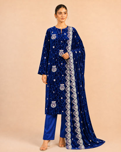 Royal Blue Embroidered Palachi Suit three-quarter view
