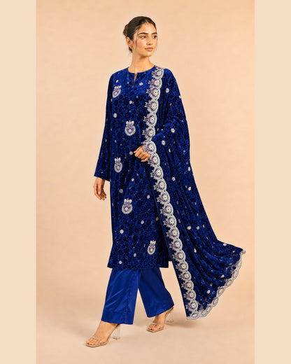 Royal Blue Embroidered Palachi Suit walking view