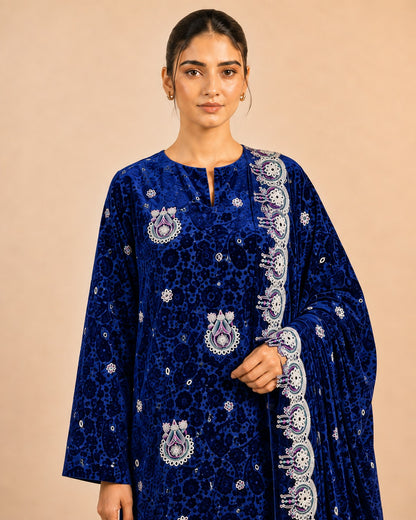 Royal Blue Embroidered Palachi Suit upper-body detail
