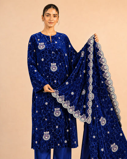 Royal Blue Embroidered Palachi Suit dupatta detail