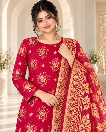 Ruby Fuchsia Gold China Pati fabric and gold motif close-up