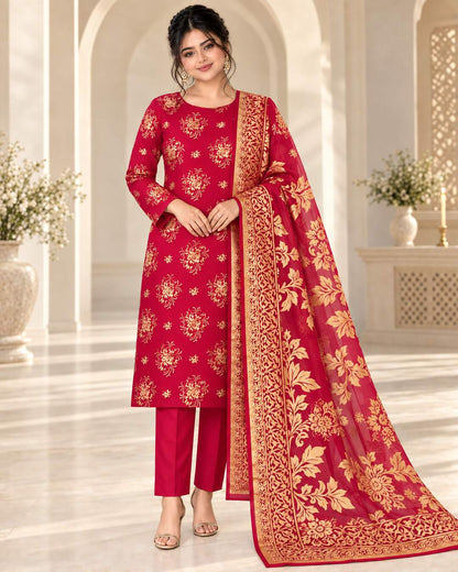 Ruby Fuchsia Gold China Pati unstitched suit front view
