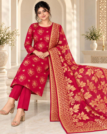 Ruby Fuchsia Gold China Pati suit seated dupatta display