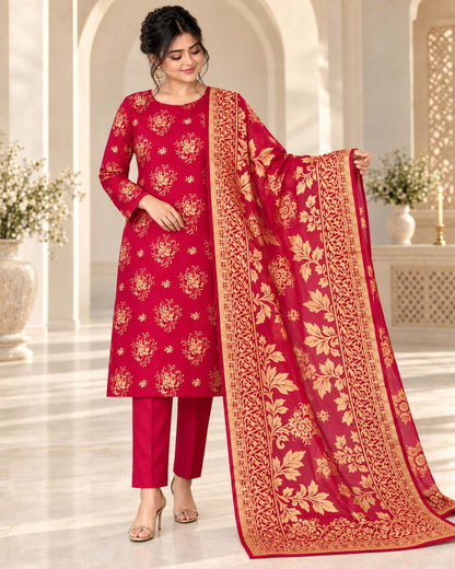 Ruby Fuchsia Gold China Pati suit three-quarter view