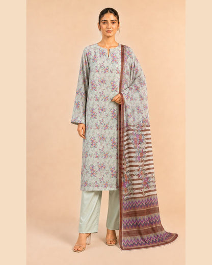 Sage Mist Pure China Krinkl Printed Chiffon Suit front view
