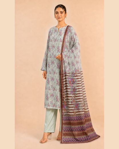 Sage Mist Pure China Krinkl Printed Chiffon Suit three-quarter view