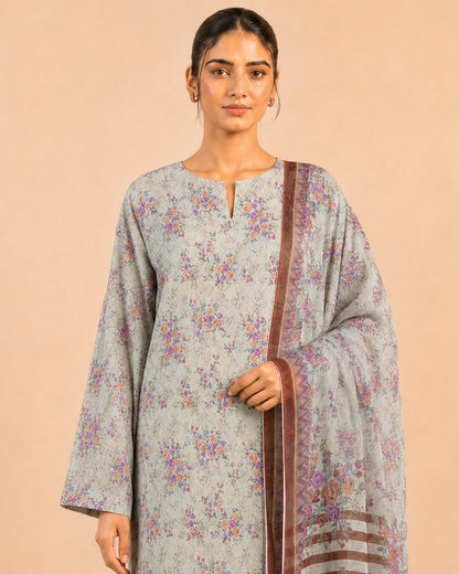 Sage Mist Pure China Krinkl Printed Chiffon Suit upper-body detail