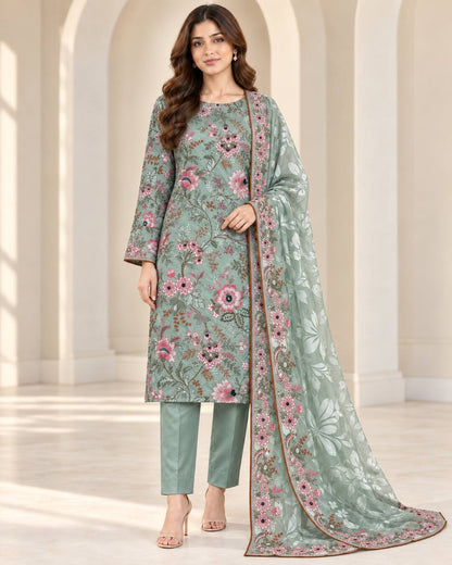 Seafoam Green Embroidered Ambose Silk Suit - front hero