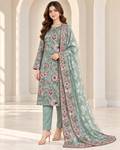 Seafoam Green Embroidered Ambose Silk Suit - three quarter