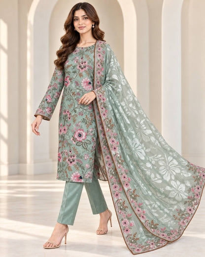Seafoam Green Embroidered Ambose Silk Suit - walking pose