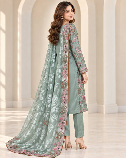 Seafoam Green Embroidered Ambose Silk Suit - rear three quarter
