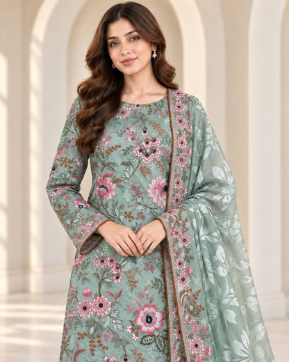 Seafoam Green Embroidered Ambose Silk Suit - embroidery close-up