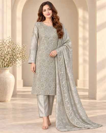 Silver Sage embroidered Ambose silk suit front hero