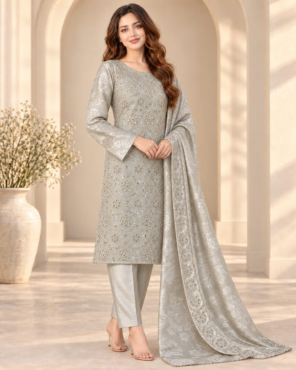 Silver Sage embroidered Ambose silk suit three-quarter view