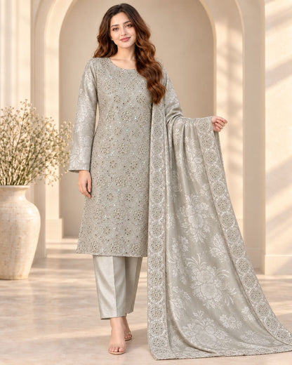 Silver Sage Ambose silk suit with Silk Barosha dupatta