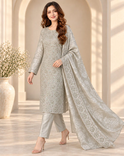 Silver Sage embroidered Ambose silk suit walking view