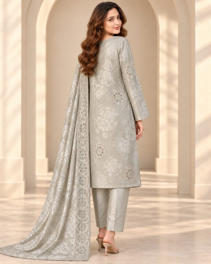 Silver Sage Ambose silk suit rear three-quarter view
