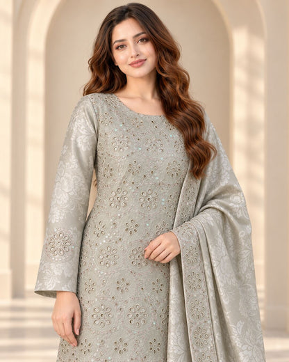 Silver Sage Ambose silk suit circular eyelet embroidery detail