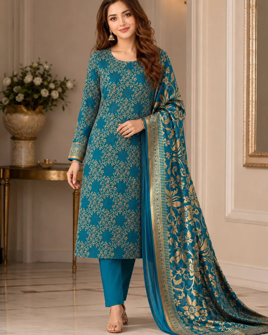 Teal Gold Pure China Pati Silk 3 Piece Unstitched Suit full model